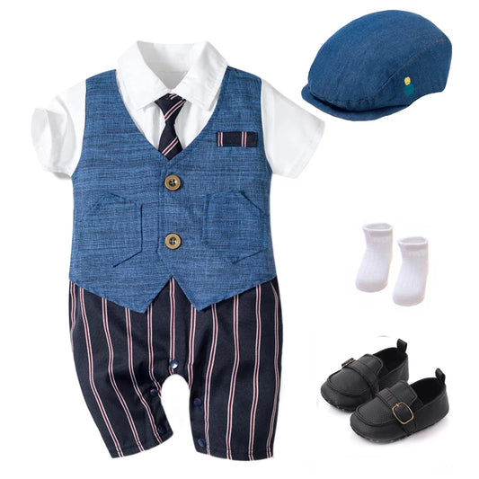 Summer Baby Romper Suit Newborn Boys Formal Clothing Cotton Children Hat + Jumpsuit + Shoes + Socks 4 Pieces Outfit Blue Costume